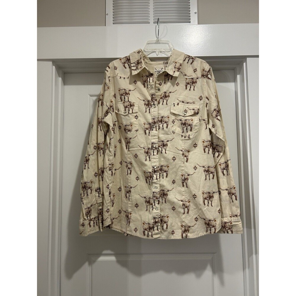 Cotton Rye Women's cream & brown longhorn cow print pearl snap shirt Size 2X XXL